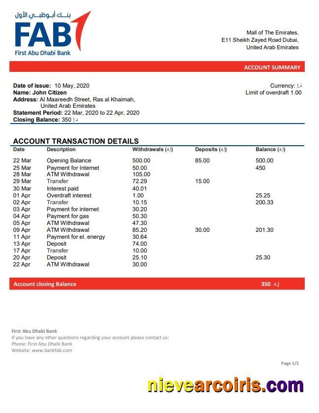 UAE First Abu Dhabi bank statement easy to fill in Word and PDF format